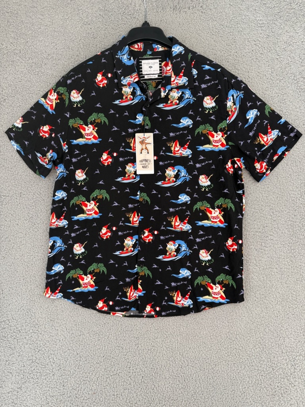 Denim & Flower Mens Large Black Tropical Santa Surf Short Sleeve Button Up Shirt